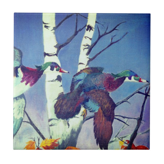 Wood Ducks in Flight Ceramic Tile (Front)