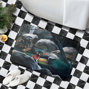 Wood Ducks Pair Pond Nature Wildlife Colourful Bath Mat