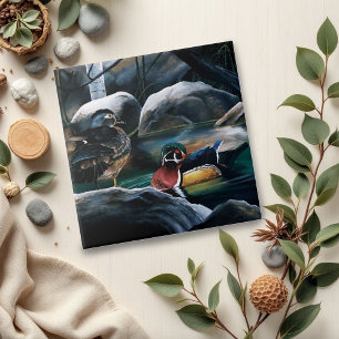 Wood Ducks Pair Pond Nature Wildlife Colourful Ceramic Tile