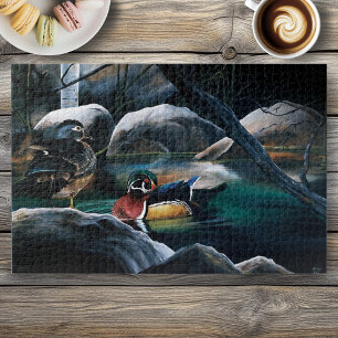 Wood Ducks Pair Pond Nature Wildlife Colourful Jigsaw Puzzle