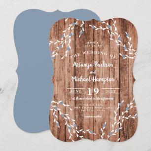 Wood Dusty Blue Berry Wreath Wedding Invitation
