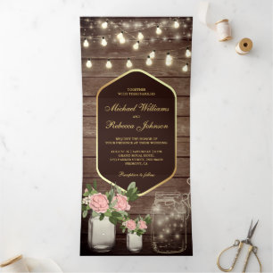 Wood Dusty Roses Mason Jar String Lights Wedding Tri-Fold Invitation