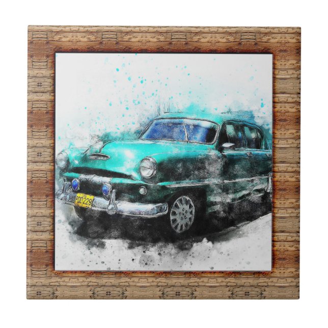 Wood Effect Framed Abstract Art Car Ceramic Tile (Front)