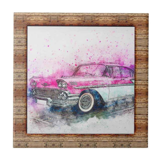 Wood Effect Framed Abstract Art Car Ceramic Tile (Front)