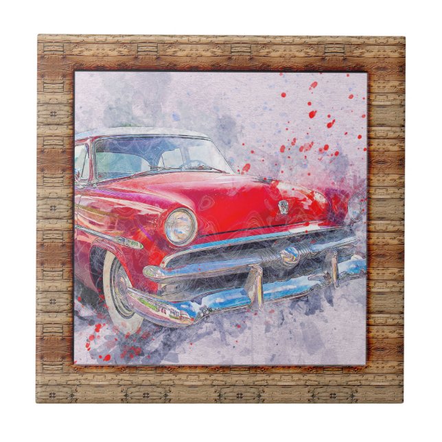 Wood Effect Framed Abstract Art Car Ceramic Tile (Front)