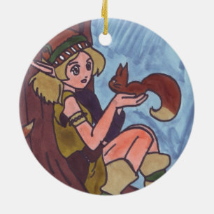 Wood Elf With Squirrel Ceramic Ornament