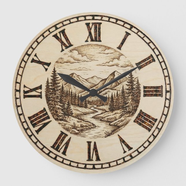 Wood Engraved Mountain River Wall Clock (Front)