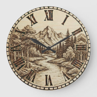 Wood Engraved Mountain River Wall Clock