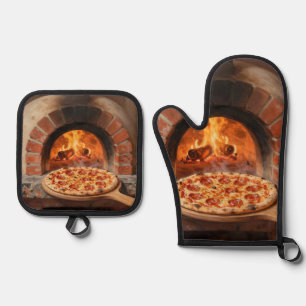 Wood-Fired Pepperoni Pizza Rustic Italian Oven Mitt & Pot Holder Set