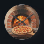 Wood-Fired Pepperoni Pizza Rustic Italian  Round Clock<br><div class="desc">The irresistible aroma of a perfectly blistered wood-fired pizza straight from a traditional brick oven. This warm, painterly scene captures a golden, bubbly pepperoni pizza fresh from the flames, surrounded by glowing embers and rustic terracotta. Mouthwatering, cozy, and full of authentic Italian soul a true love letter to pizza passion....</div>