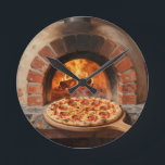 Wood-Fired Pepperoni Pizza Rustic Italian  Round Clock<br><div class="desc">The irresistible aroma of a perfectly blistered wood-fired pizza straight from a traditional brick oven. This warm, painterly scene captures a golden, bubbly pepperoni pizza fresh from the flames, surrounded by glowing embers and rustic terracotta. Mouthwatering, cozy, and full of authentic Italian soul a true love letter to pizza passion....</div>