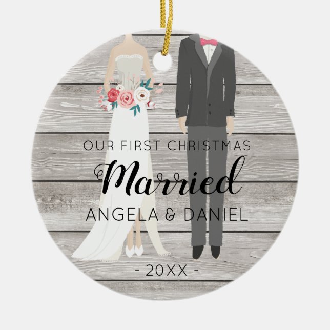 Wood First Christmas Bride and Groom Ceramic Ornament (Front)
