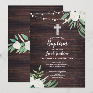 Wood Floral Baptism Green Christening Flower White Invitation