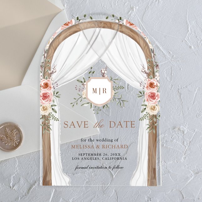 Wood Floral Monogram Canopy Wedding Save the Date Acrylic Invitations (Creator Uploaded)