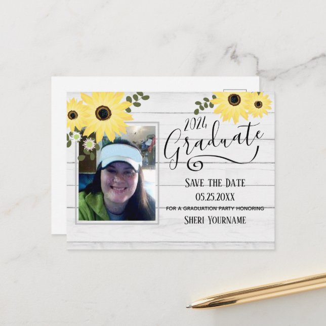 Wood Floral Photo Graduation Party Save the Date I Postcard (Front/Back In Situ)