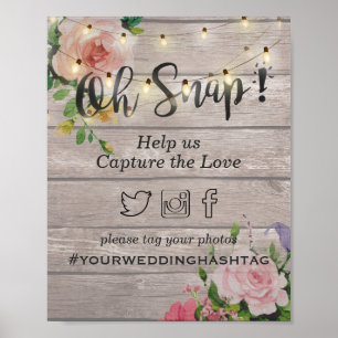 Wood Floral String Light Snap Hashtag Wedding Sign