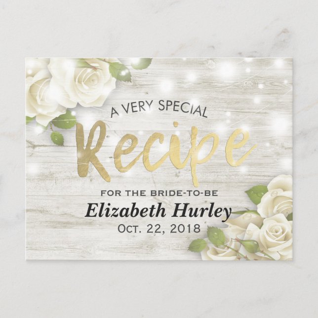Wood Floral String Lights Bridal Shower Recipe Invitation Postcard (Front)