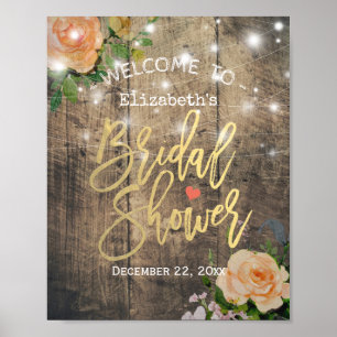 Wood Floral String Lights Bridal Shower Welcome Poster