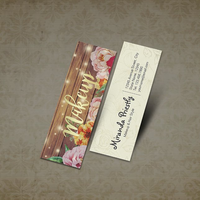 Wood Floral String Lights Gold Script Makeup Salon Mini Business Card (Creator Uploaded)