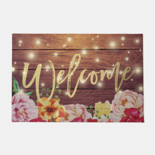Wood Floral String Lights Gold Script Welcome Mats