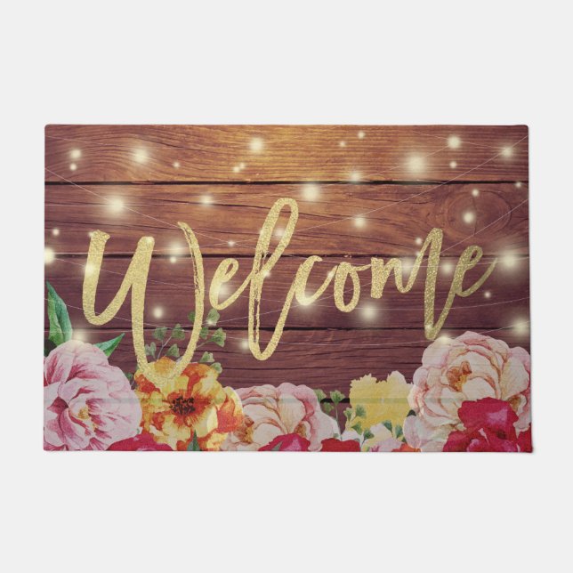 Wood Floral String Lights Gold Script Welcome Mats (Front)