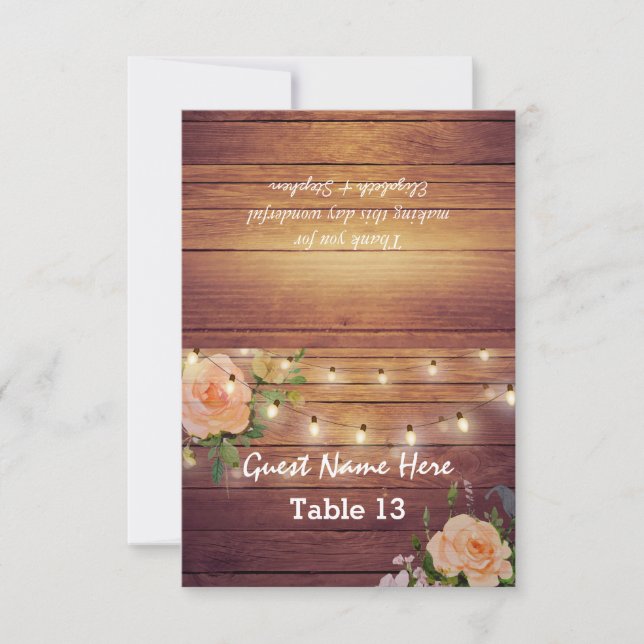 Wood Floral String Lights Wedding Place Table No Invitation (Front)