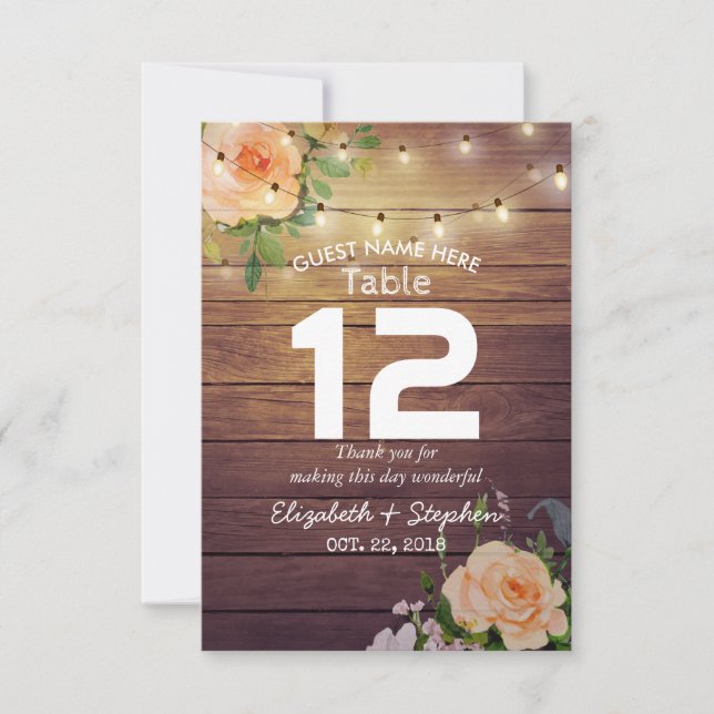 Wood Floral String Lights Wedding Place Table No. Invitation (Front)