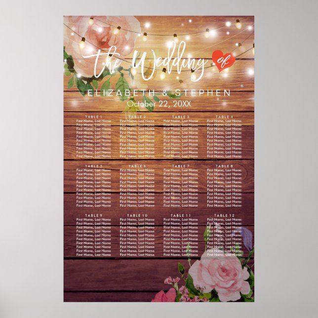 Wood Floral String Lights Wedding Seating Chart (Front)