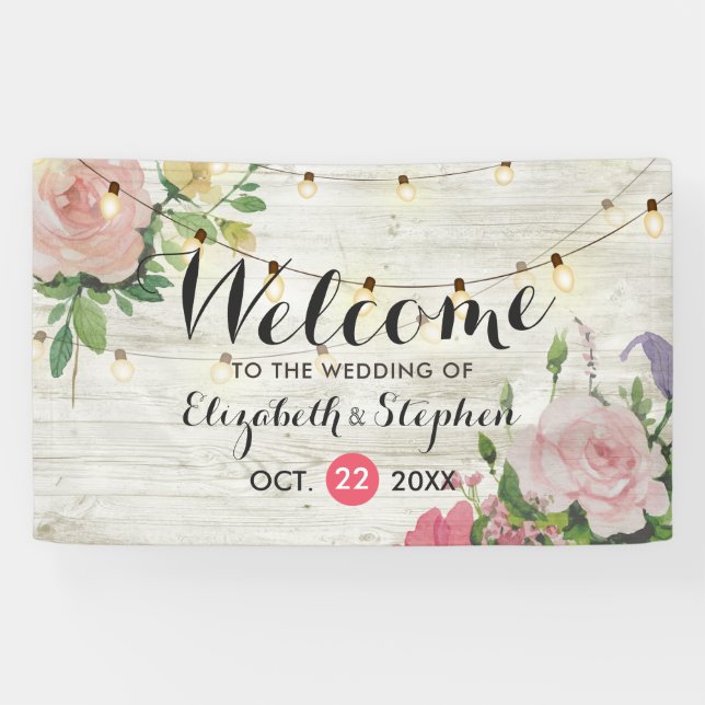 Wood Floral String Lights Wedding Welcome Banner (Horizontal)