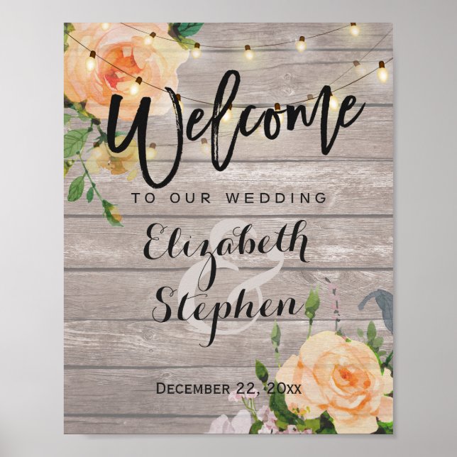 Wood Floral String Lights Welcome Wedding Sign (Front)