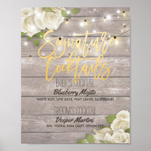 Wood Floral Wedding Signature Cocktail Drink Menu Poster