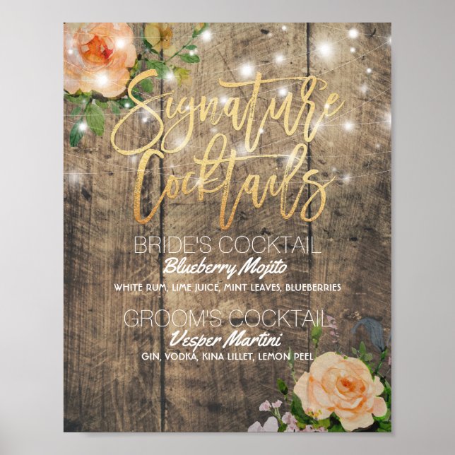 Wood Floral Wedding Signature Cocktail Drink Menu Poster (Front)