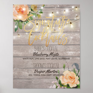 Wood Floral Wedding Signature Cocktail Drink Menu Poster