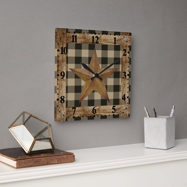Wood frame and star square wall clock (Office)