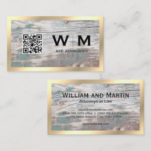 Wood   Gold Border Monogram   QR Code  Business Card