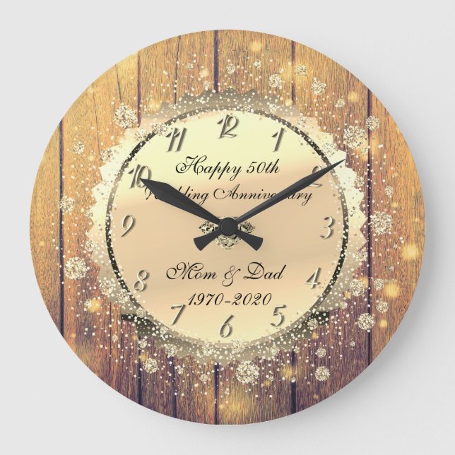 Wood,Gold Confetti 50th Wedding Anniversary Large Clock (Front)