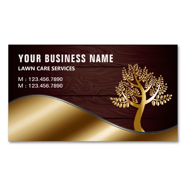 Wood Gold Tree Gardening Landscaping Lawn Care Magnetic Business Card (Front)