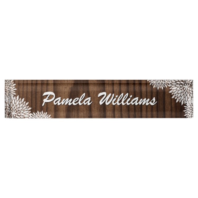 Wood Grain and Flowers Custom Desk Nameplate (Front)