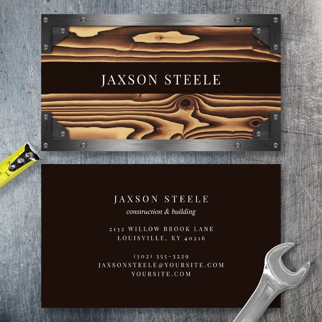 Wood Grain and Riveted Metal Construction Business Card (Creator Uploaded)