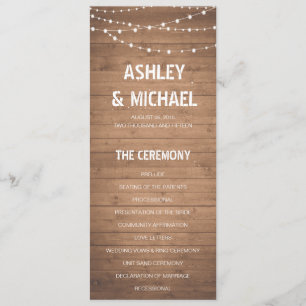 Wood Grain and string lights Wedding Program