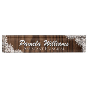 Wood Grain and White Flowers Custom Desk Nameplate