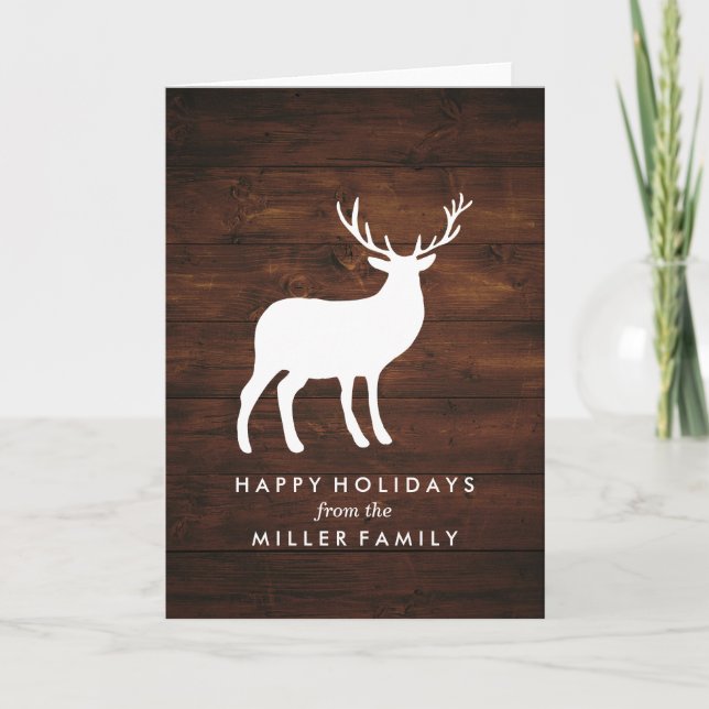 Wood Grain and White Stag | Holiday Greeting Card (Front)