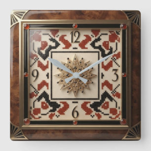 Wood Grain Art Deco Luxury Cross Stitch Gemstone Square Wall Clock
