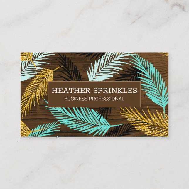 Wood Grain Border | Palm Leaves | Natural Business Card (Front)