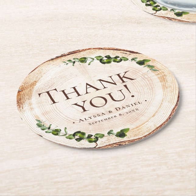 Wood Grain Botanical Rustic Wedding Thank You  Round Paper Coaster (Angled)