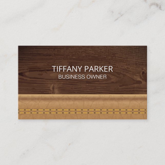 Wood Grain | Double Stitched Tan Leather Business Card (Front)