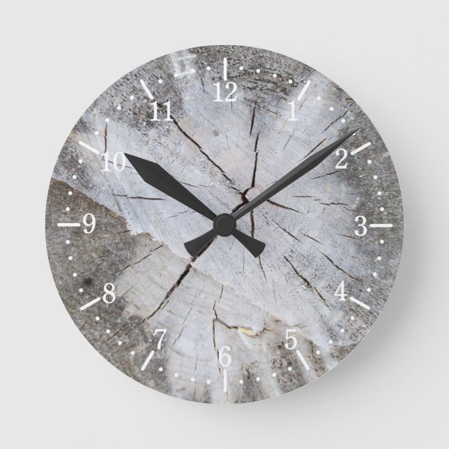Wood Grain Grey Pine Tree Stump Photo Art 2 Round Clock (Front)
