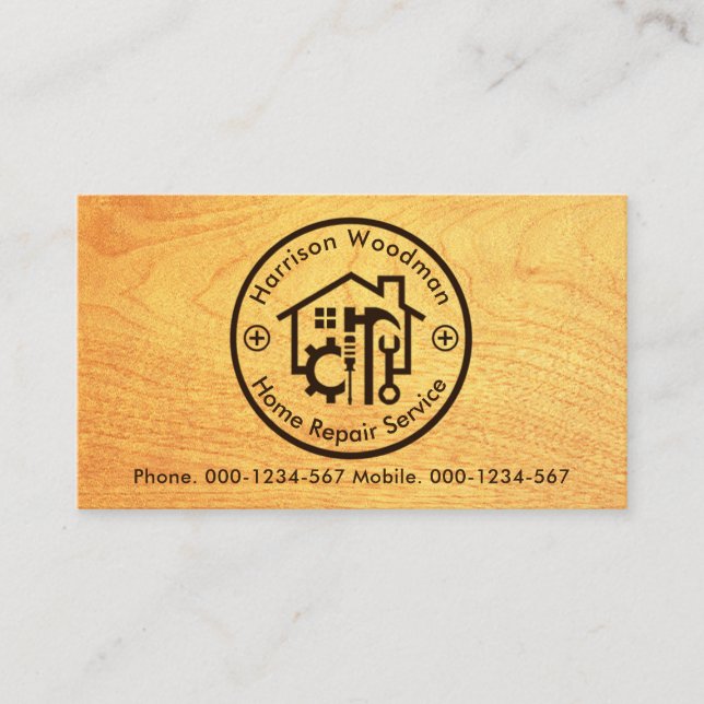 Wood Grain Handyman Tools Circle Board Business Card (Front)
