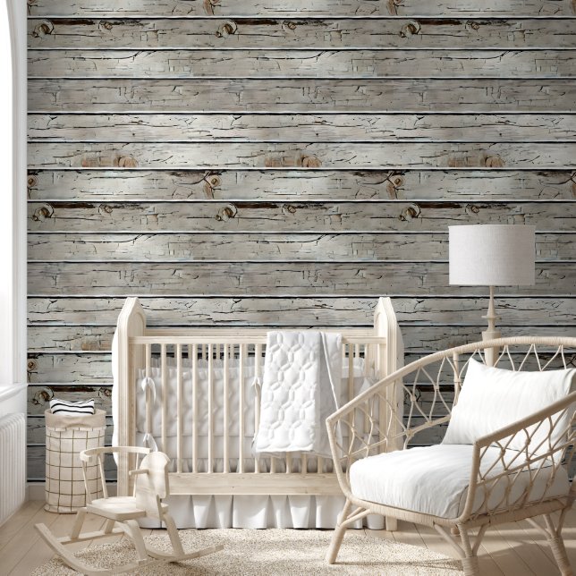 Wood grain limewash white brown horizontal pattern wallpaper (Kids)