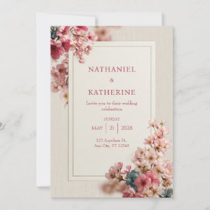 Wood Grain Romantic Pink Sakura Frame Wedding Invitation